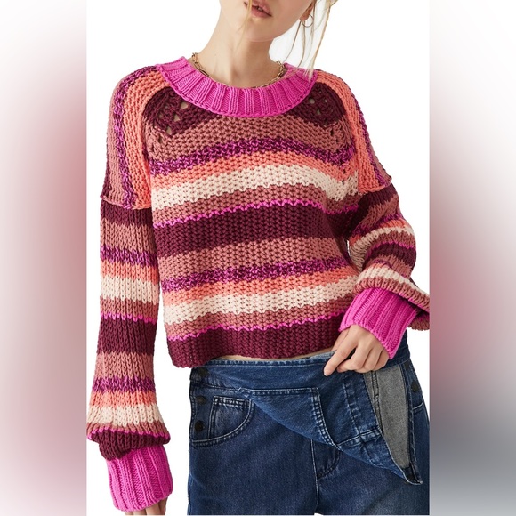 Free people 
DEVON SWEATER- FUCHSIA ROSE COMBO - Picture 2 of 7